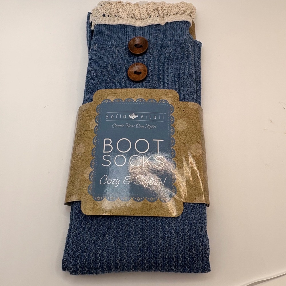 Sofia Vitali Light Blue Ribbed Boot Socks Lace Trim Button Detail One Size NEW
